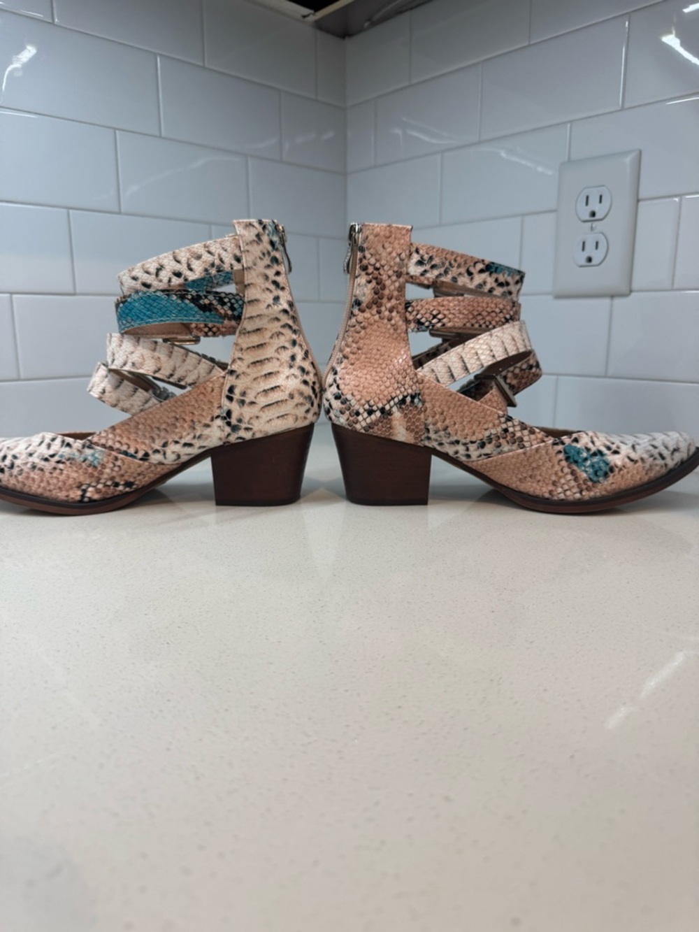 Beige Snake-Print Cutout Ankle Boots with Teal Accents